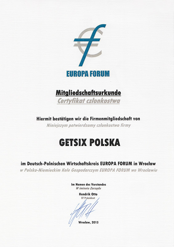 Certyfikat członkostwa w stowarzyszeniu Europa Forum